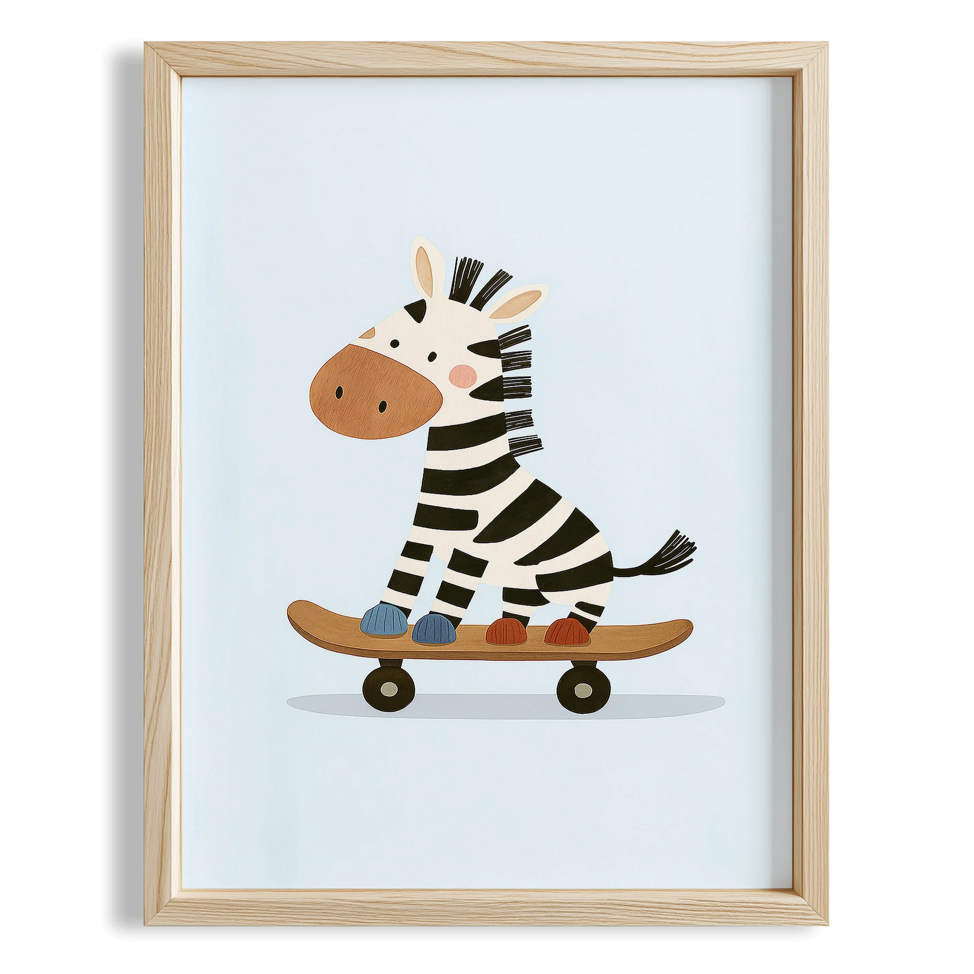 Sevimli Kaykaycı Zebra Mavi Arka Fonlu Çocuk Odası Ahşap Tablo