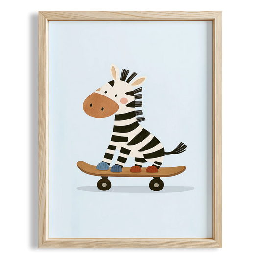 Sevimli Kaykaycı Zebra Mavi Arka Fonlu Çocuk Odası Ahşap Tablo