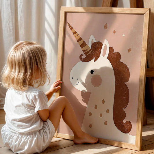 Kahve Yeleli Unicorn - Bohem Kız Çocuk Odası Ahşap Tablo