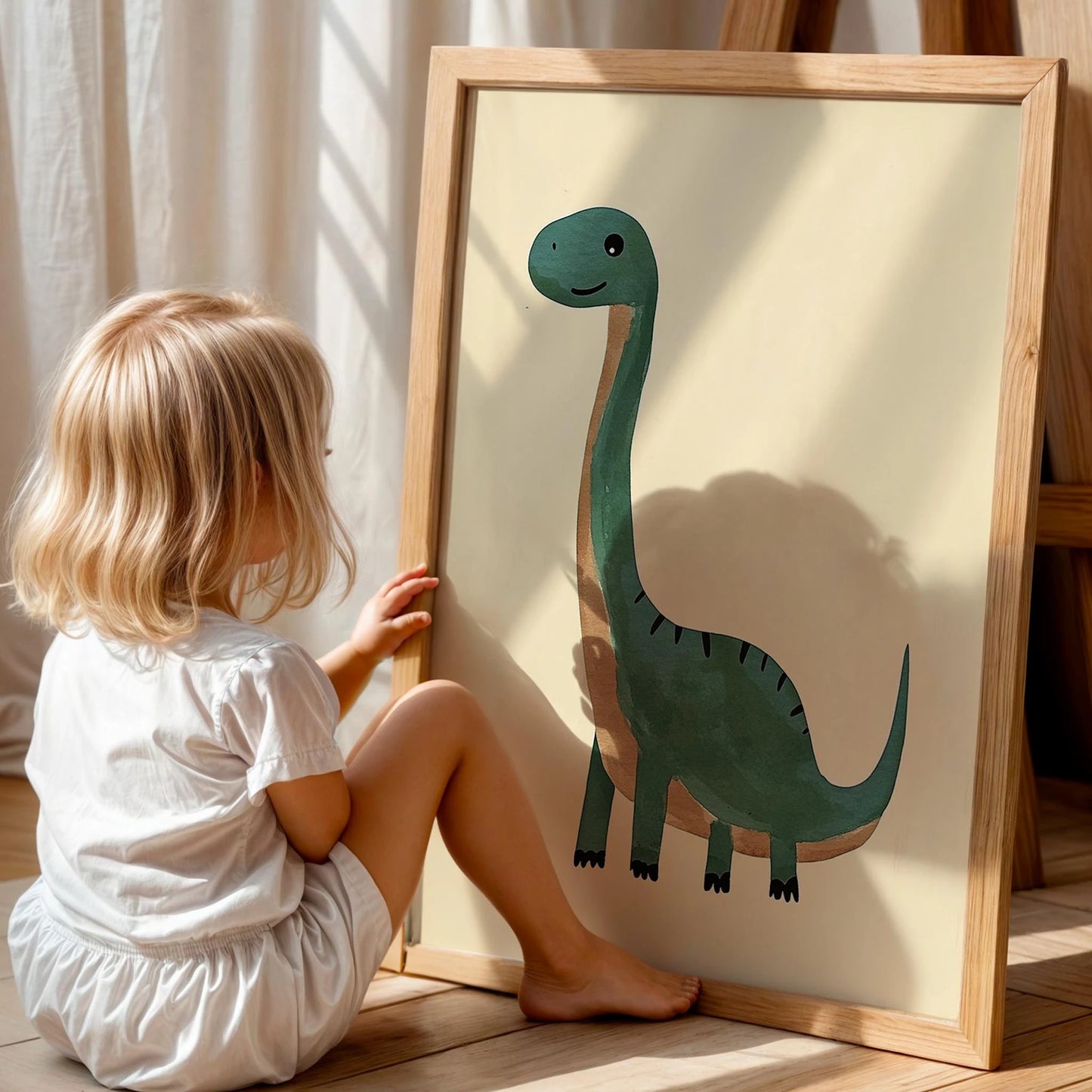Sevimli Yeşil Dinozor Temalı Krem Fonlu Çocuk Odası Ahşap Tablo