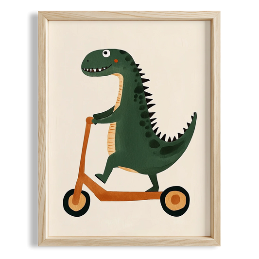 Scooter Süren Dinozor Temalı Minimalist Çocuk Odası Ahşap Tablo I