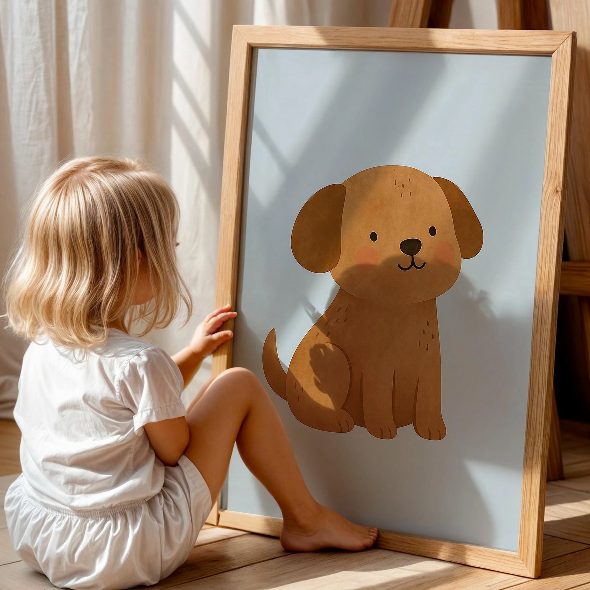 Sevimli Poddle Köpek Mavi Fonlu Erkek Çocuk Odası Ahşap Tablo