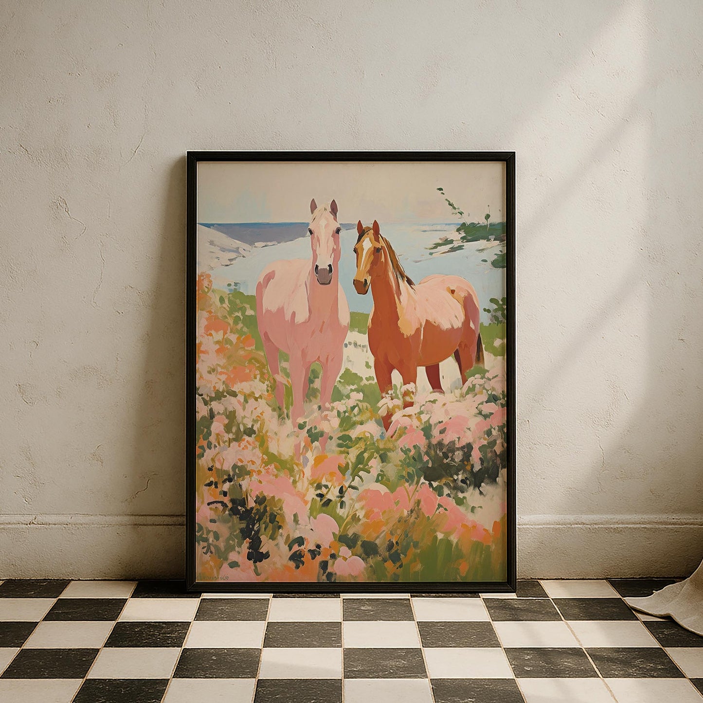 Pembe Çiçekli Kırda Atlar - Maximalist Duvar Tablosu