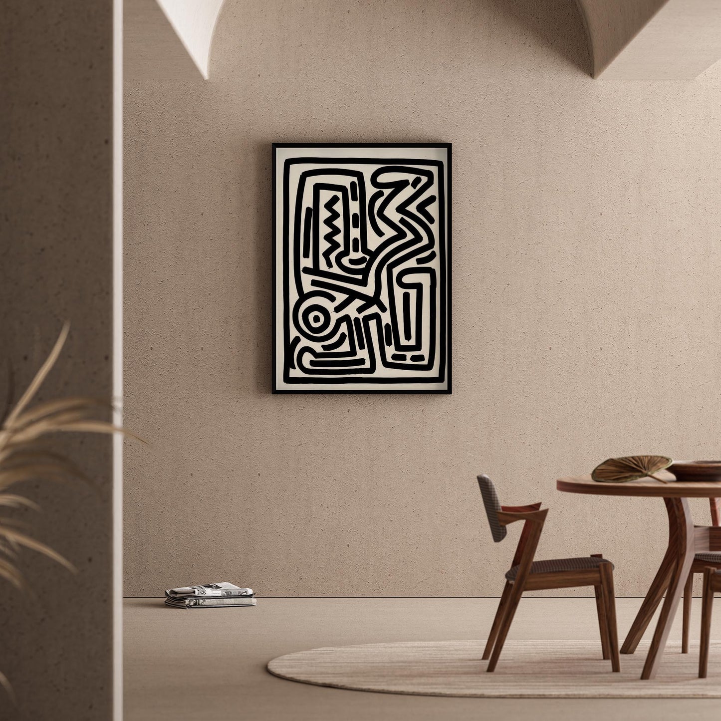Siyah Beyaz Labirent - Keith Haring Ahşap Duvar Tablosu