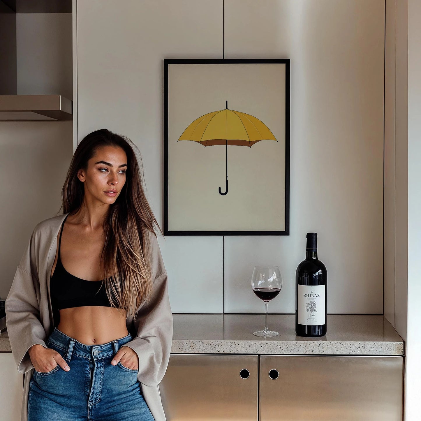 Sarı Şemsiye Minimalist Çizim - Duvar Tablosu