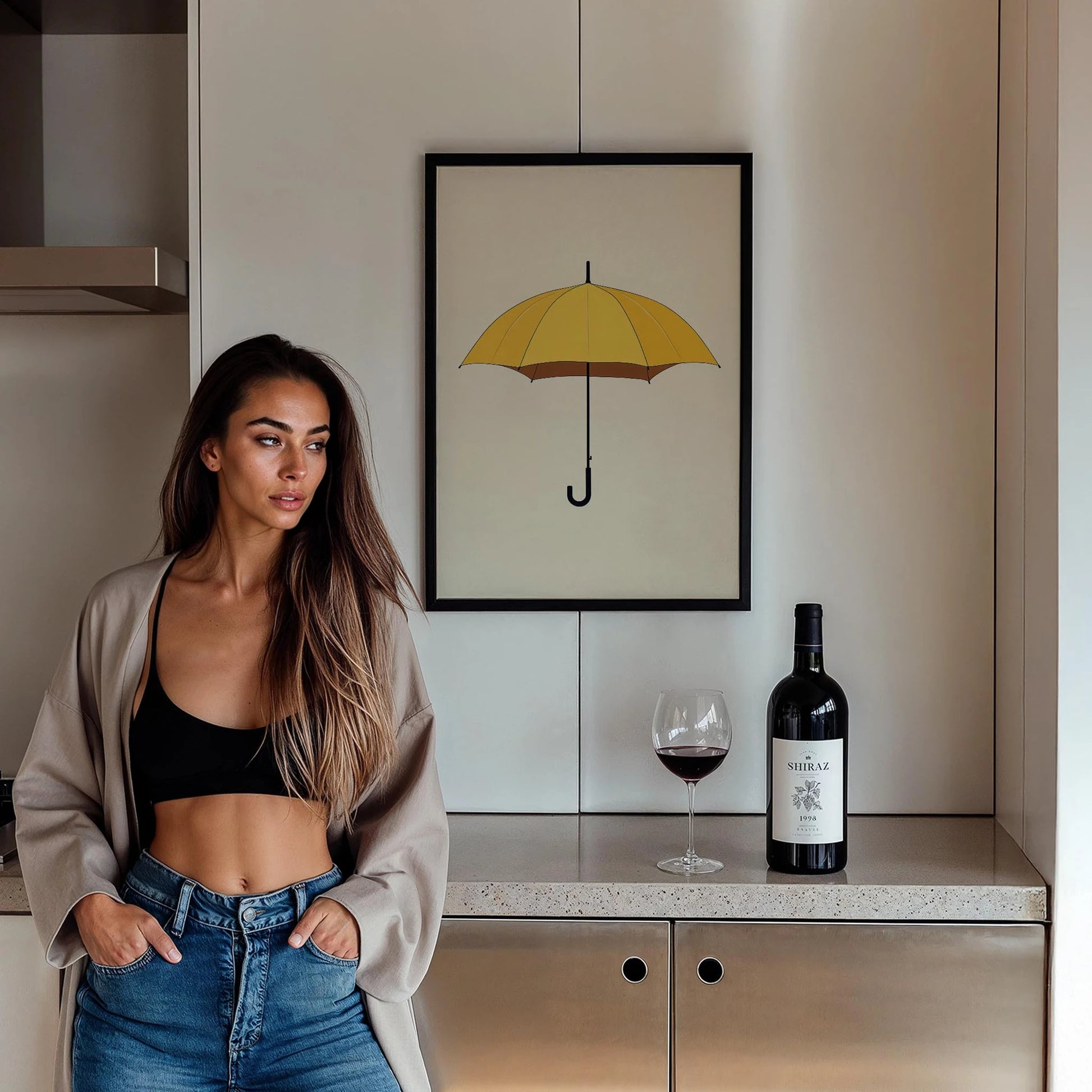 Sarı Şemsiye Minimalist Çizim - Duvar Tablosu