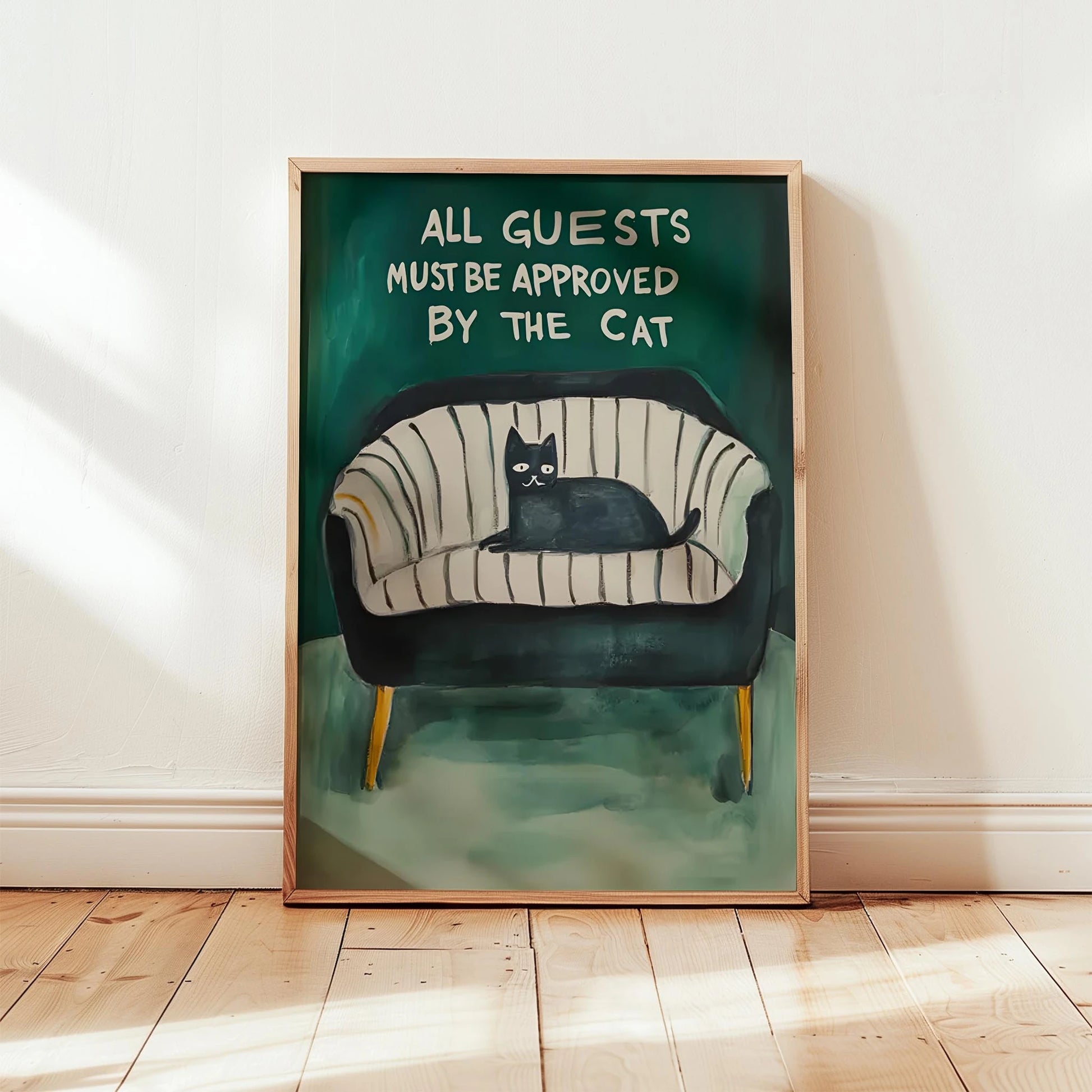 Kedi Baskı III - "All Guests Must Be Approved by the Cat" (Gri Kanepe)