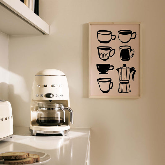 Kahve Kupaları ve Moka Pot Minimal Çizimler Mutfak Duvar Tablosu