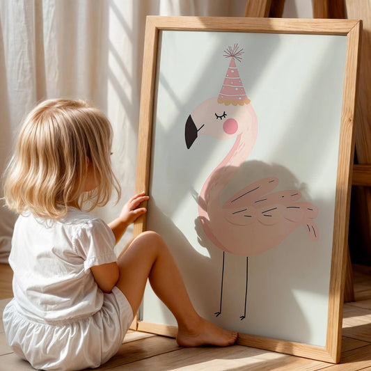 Şapkalı Flamingo - Çocuk Odası Ahşap Tablo
