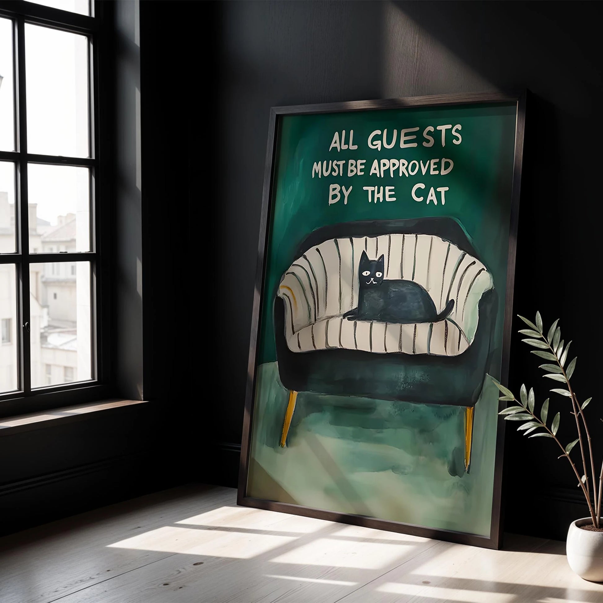 Kedi Baskı III - "All Guests Must Be Approved by the Cat" (Gri Kanepe)
