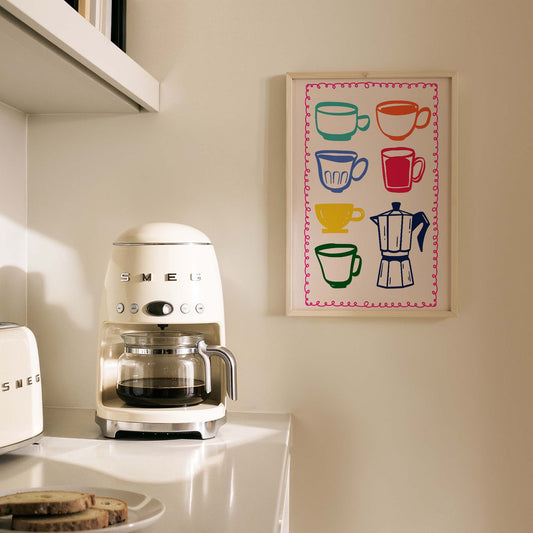 Kahve Kupaları ve Moka Pot Renkli Minimal Çizimler Mutfak Duvar Tablosu
