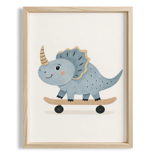 Sevimli Kaykay Süren Dinozor Erkek Çocuk Odası Ahşap Tablo