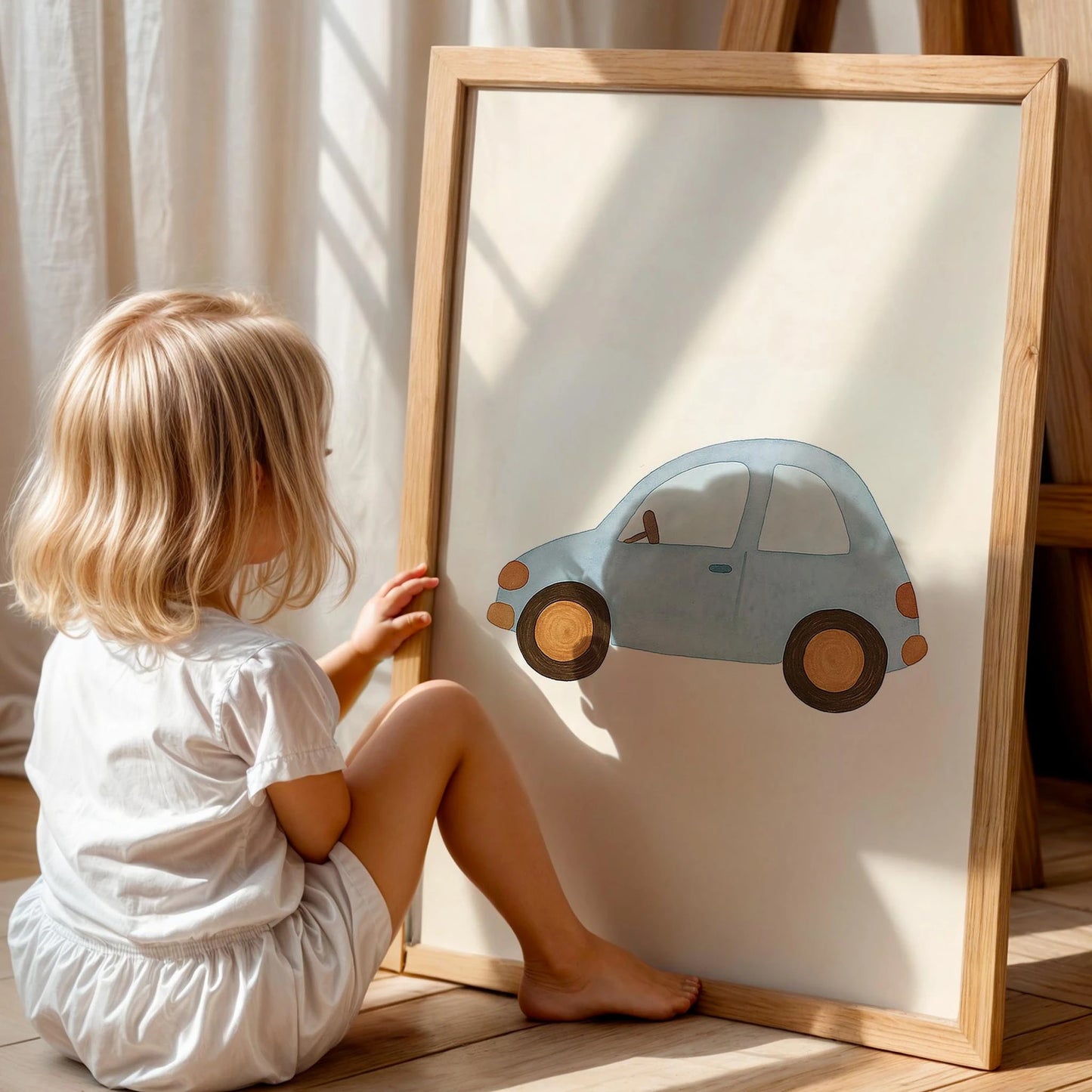 Minimalist Mavi Araba Çocuk Odası Ahşap Tablo