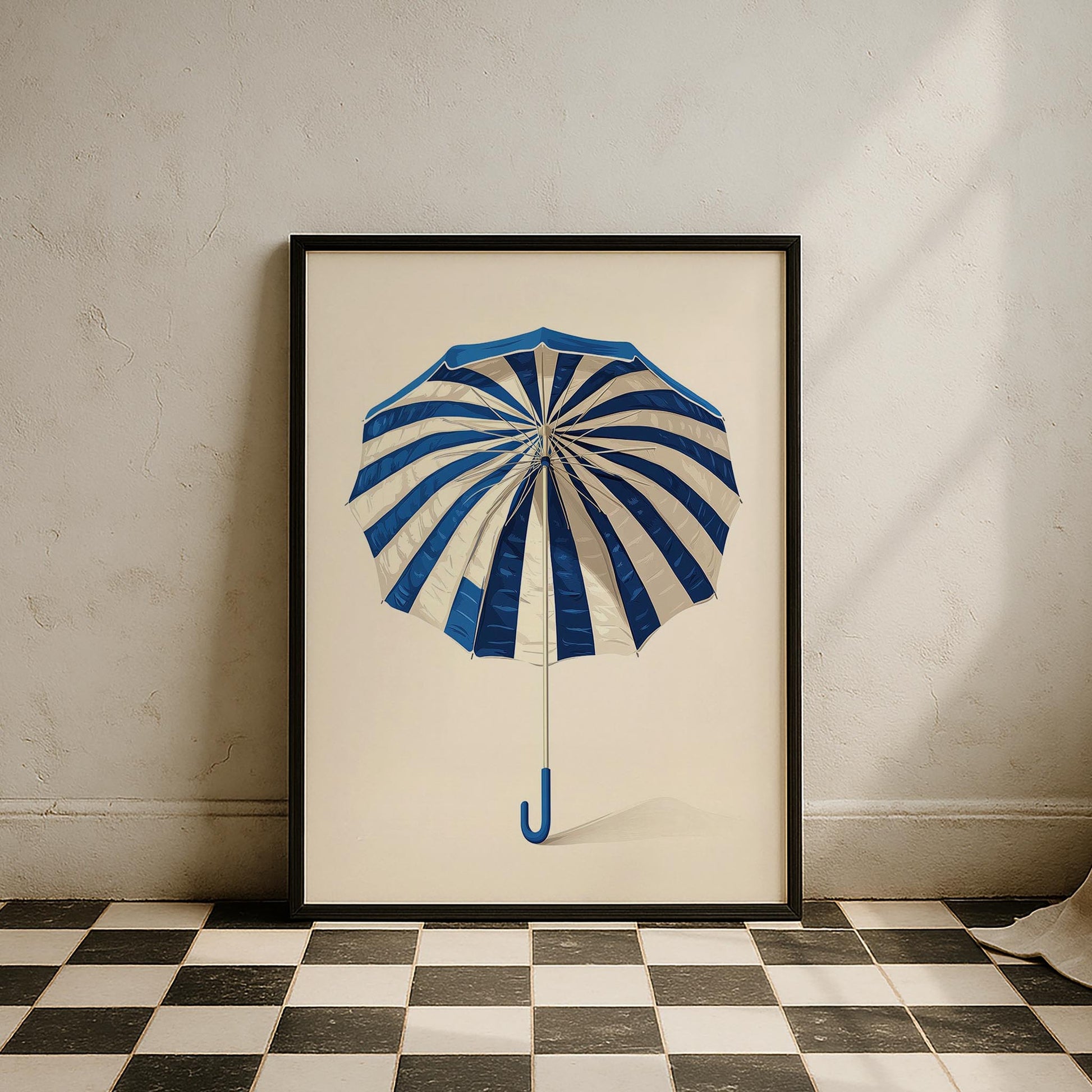 Mavi Çizgili Şemsiye Minimalist Çizim - Duvar Tablosu