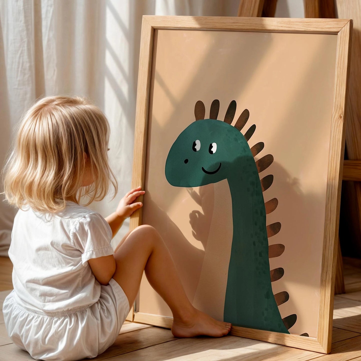 Sevimli Dinozor Temalı Bej Fonlu Çocuk Odası Ahşap Tablo
