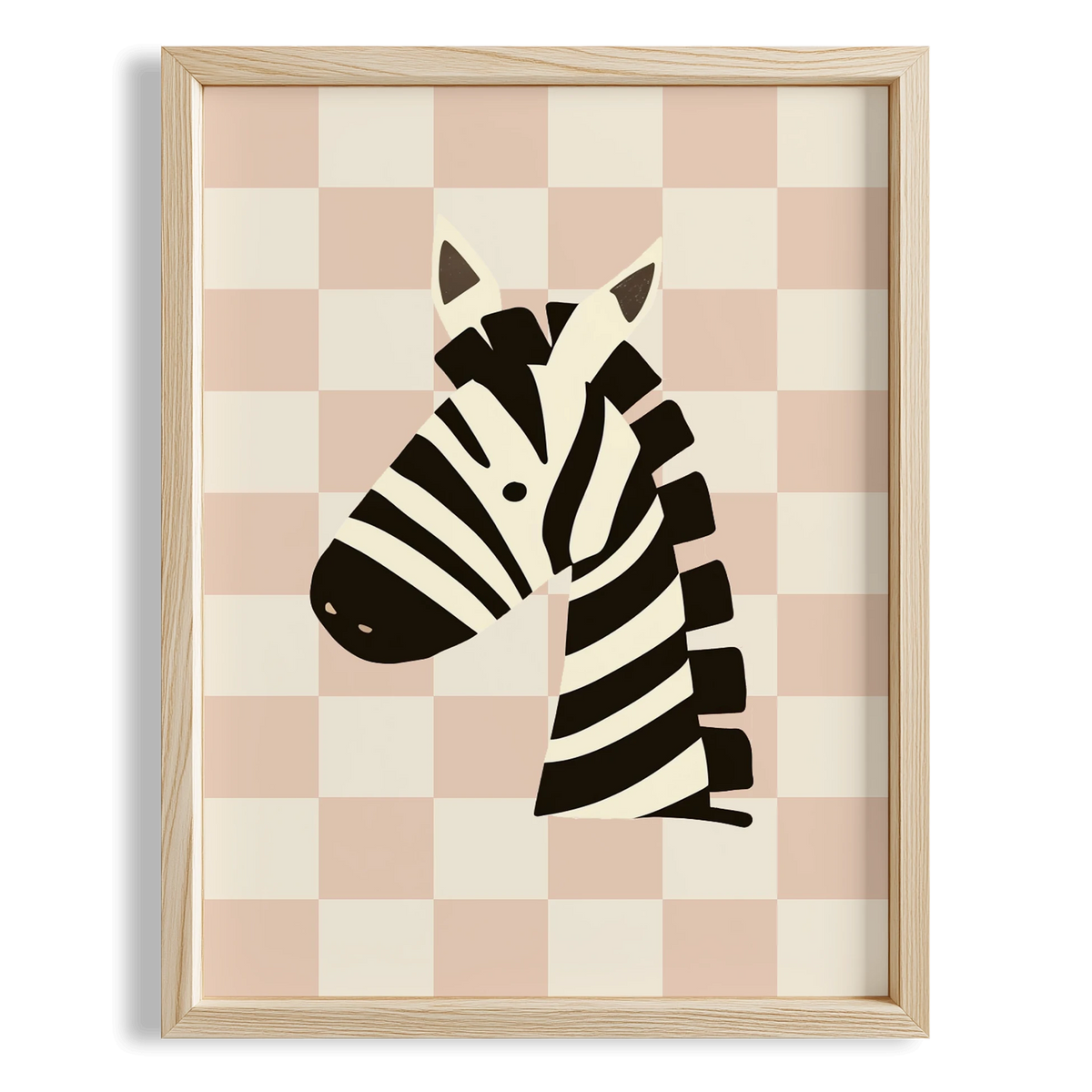 Zebra Sevimli Safari Hayvanları Pembe Kareli Fonlu Çocuk Odası Ahşap Tablo