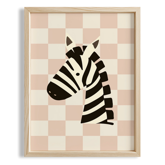 Zebra Sevimli Safari Hayvanları Pembe Kareli Fonlu Çocuk Odası Ahşap Tablo
