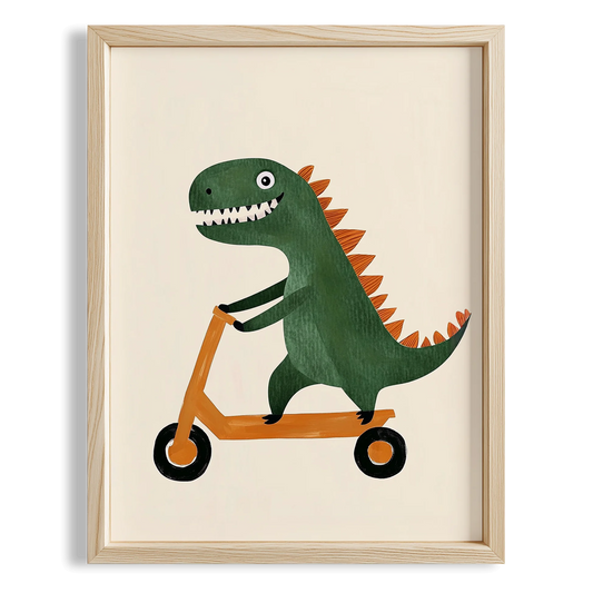 Scooter Süren Dinozor Temalı Minimalist Çocuk Odası Ahşap Tablo II