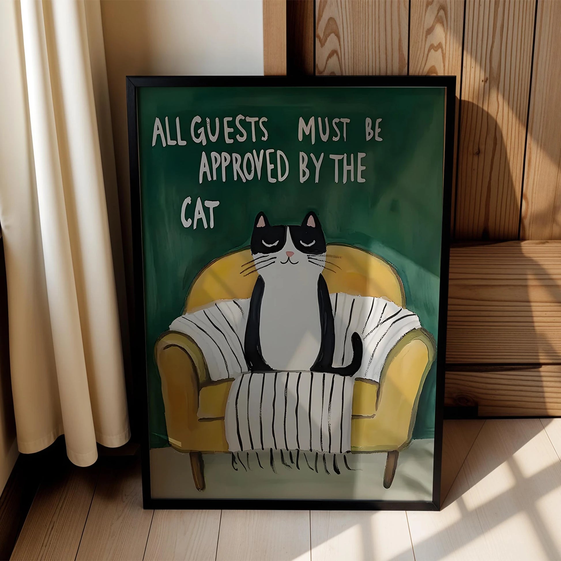 Kedi Baskı IV - "All Guests Must Be Approved by the Cat" (Sarı Kanepe)