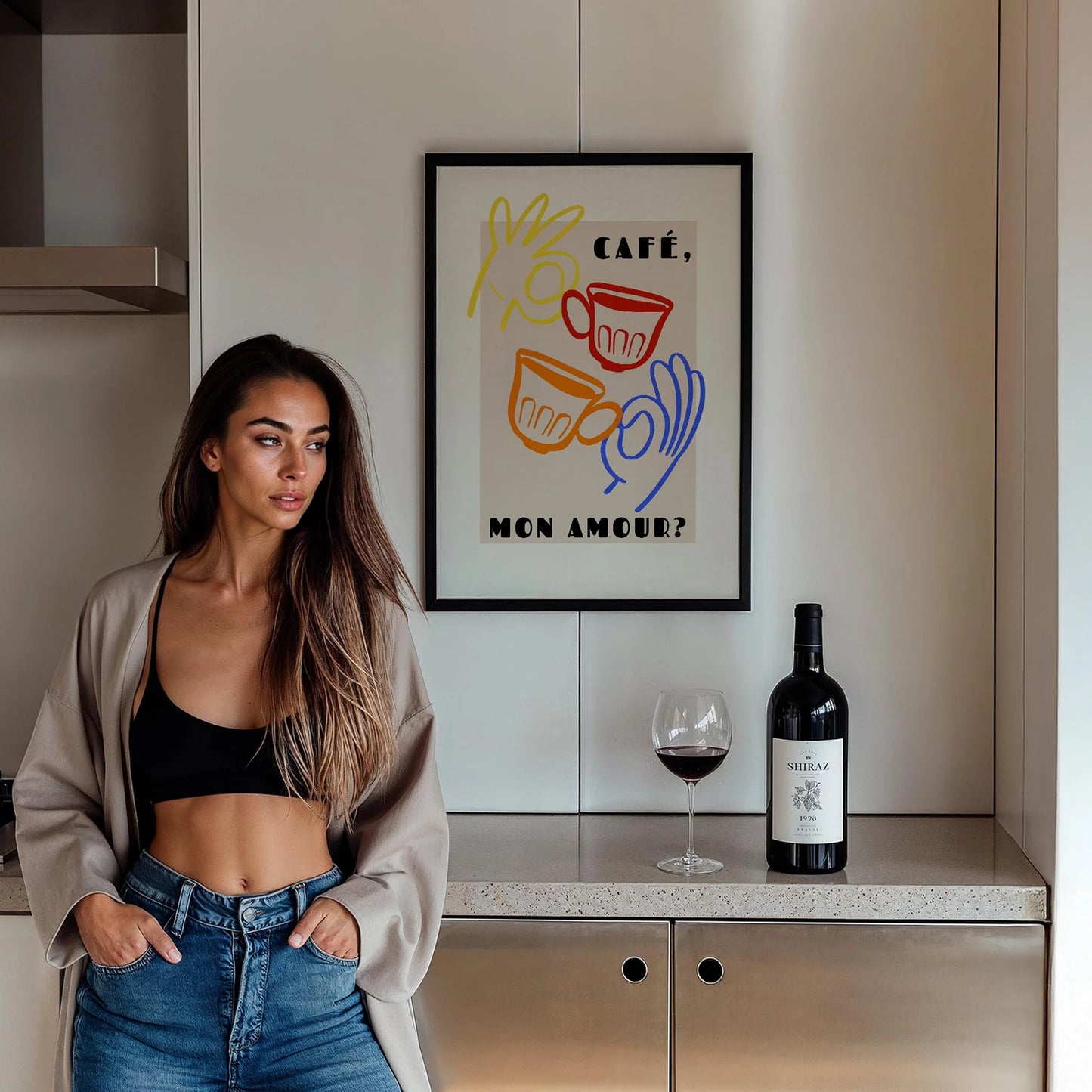 Café Mon Amour Fransız Renkli Minimal Çizimler Mutfak Duvar Tablosu