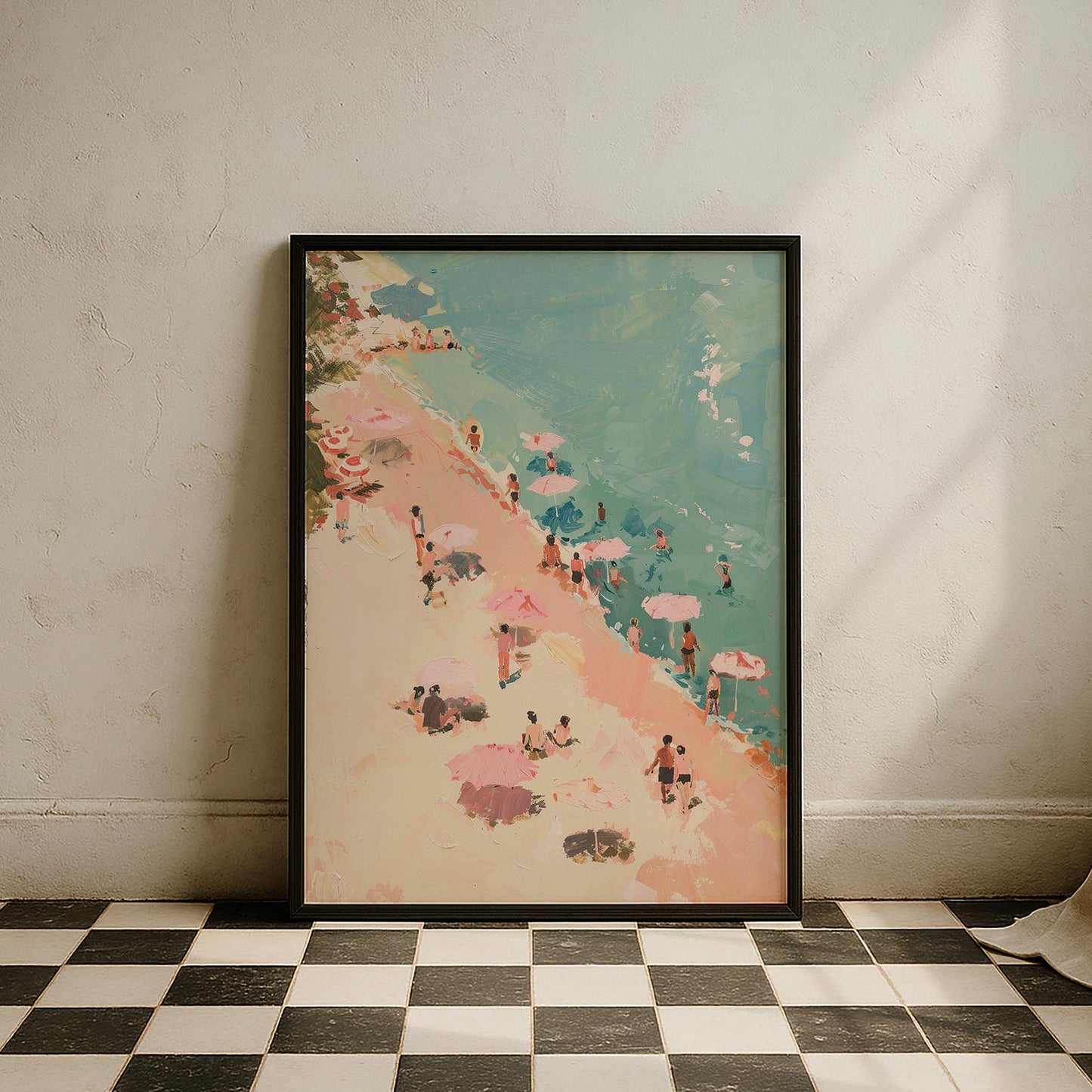 Pembe Şemsiyeli Plaj Pastel Maximalist - Duvar Tablosu