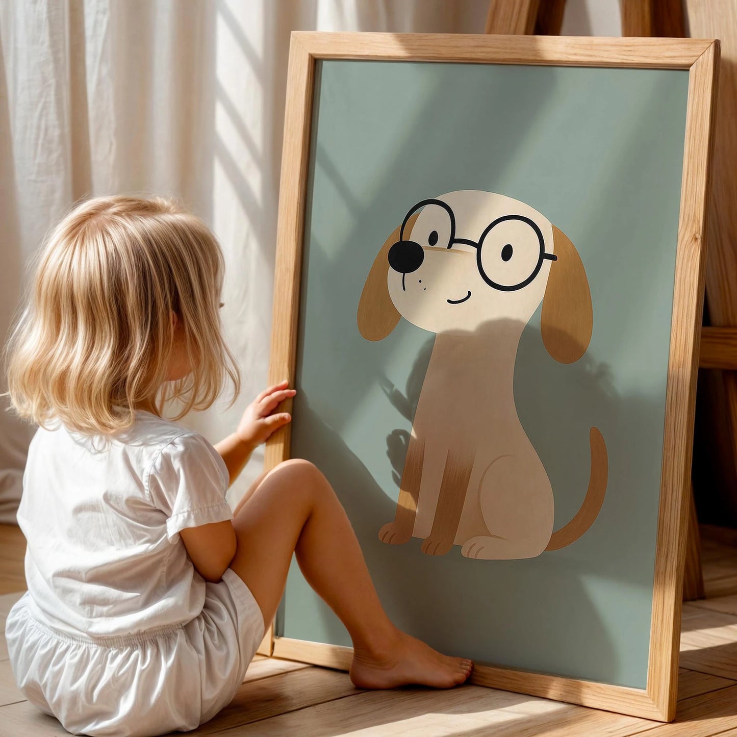 Sevimli Köpek Yeşil Fonlu Hayvan Temalı Erkek Çocuk Odası Ahşap Tablo