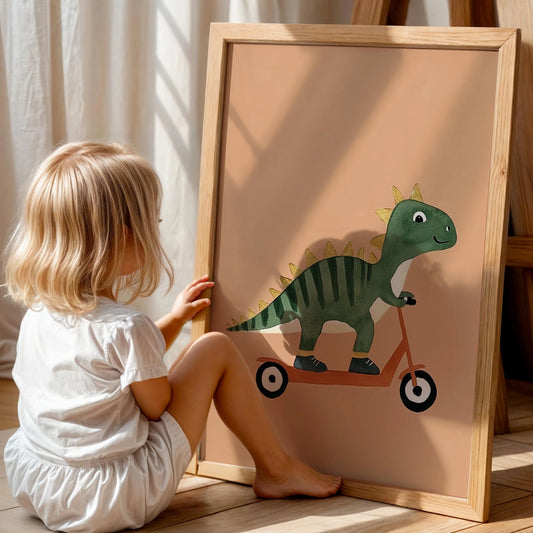 Scooter Süren Dinozor Temalı Krem Fonlu Çocuk Odası Ahşap Tablo III