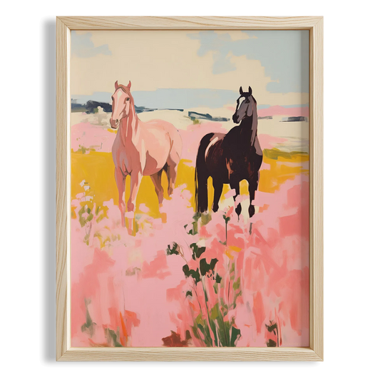Pembe Çiçekli Kırda Atlar - Maximalist Duvar Tablosu II