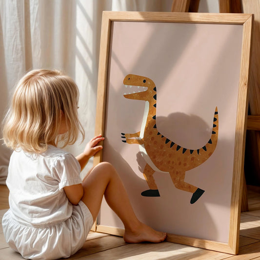 Koşan Dinozor Temalı Pudra Fonlu Çocuk Odası Ahşap Tablo