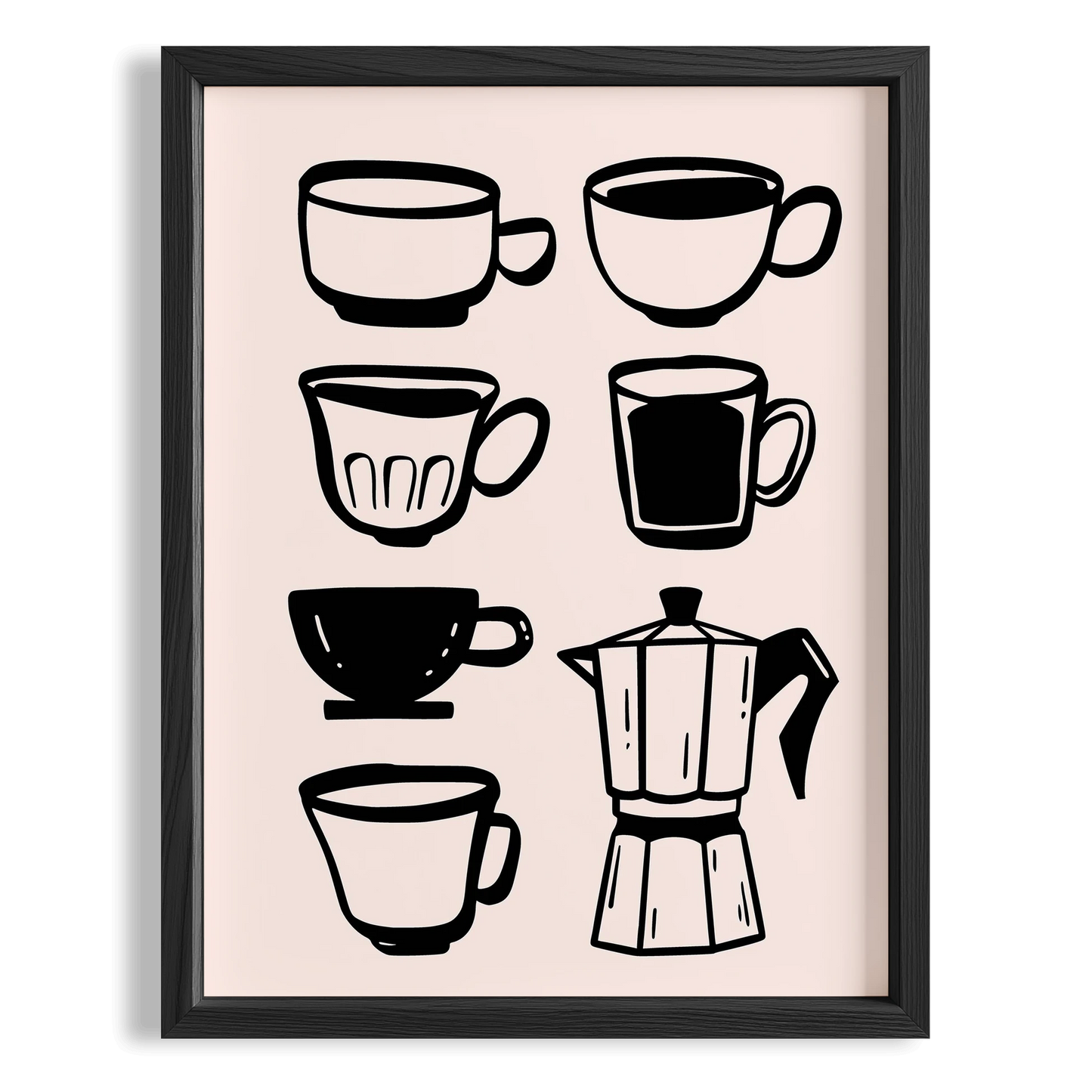 Kahve Kupaları ve Moka Pot Minimal Çizimler Mutfak Duvar Tablosu