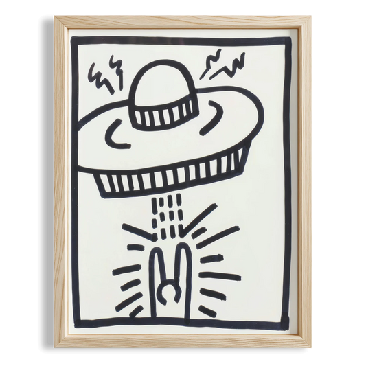 UFO ve Barış İşareti - Keith Haring Ahşap Duvar Tablosu