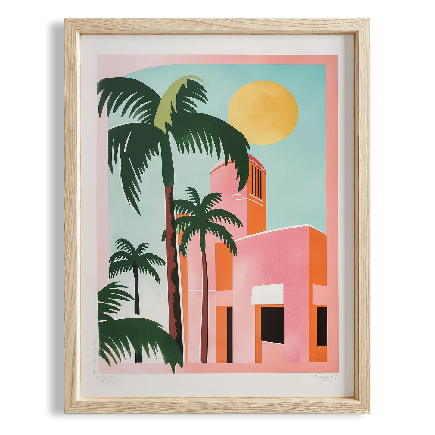 Pembe Villa ve Palmiyeler Maximalist - Duvar Tablosu
