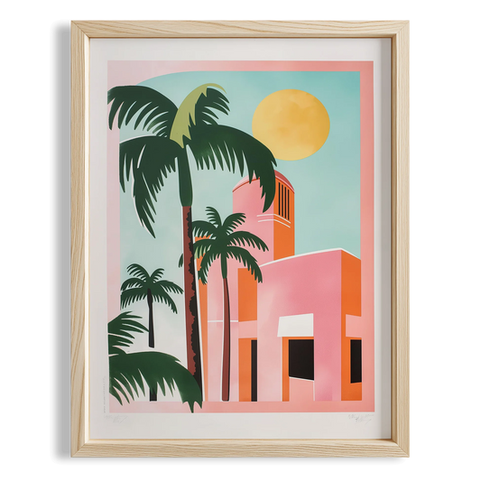 Pembe Villa ve Palmiyeler Maximalist - Duvar Tablosu