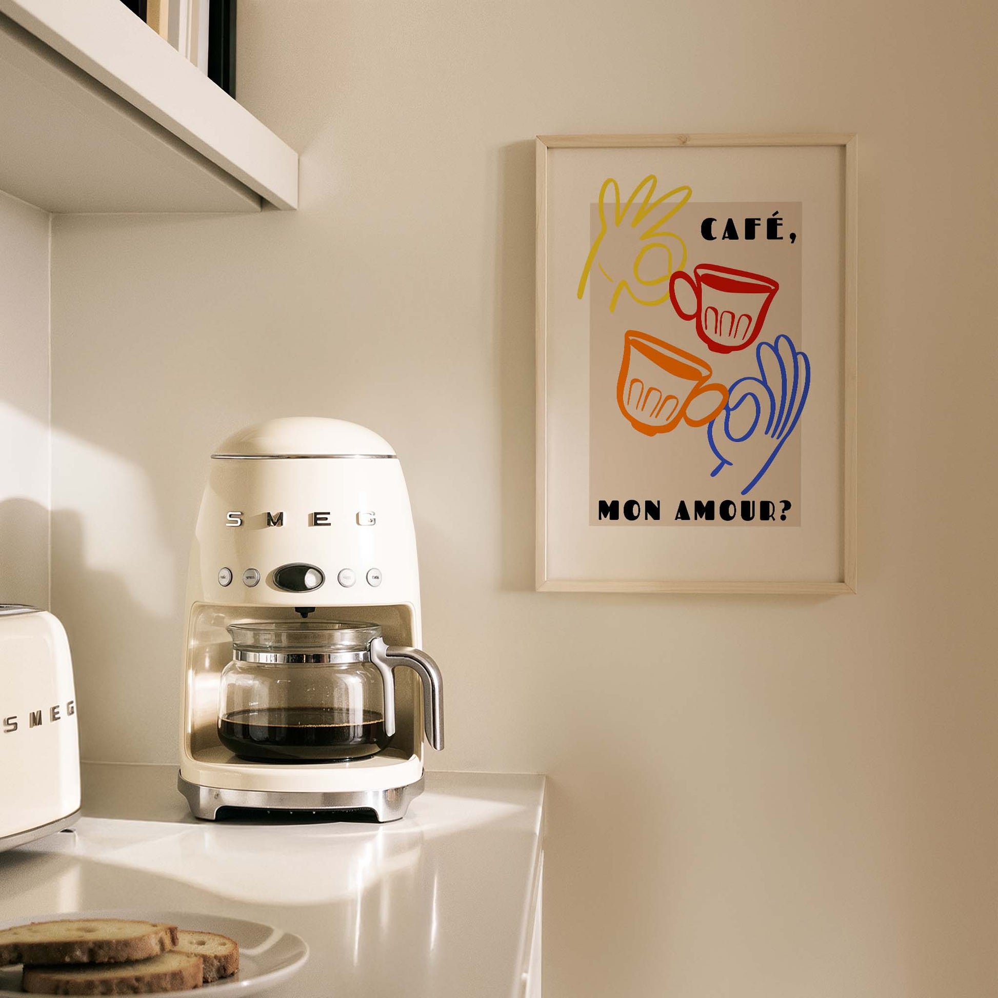 Café Mon Amour Fransız Renkli Minimal Çizimler Mutfak Duvar Tablosu