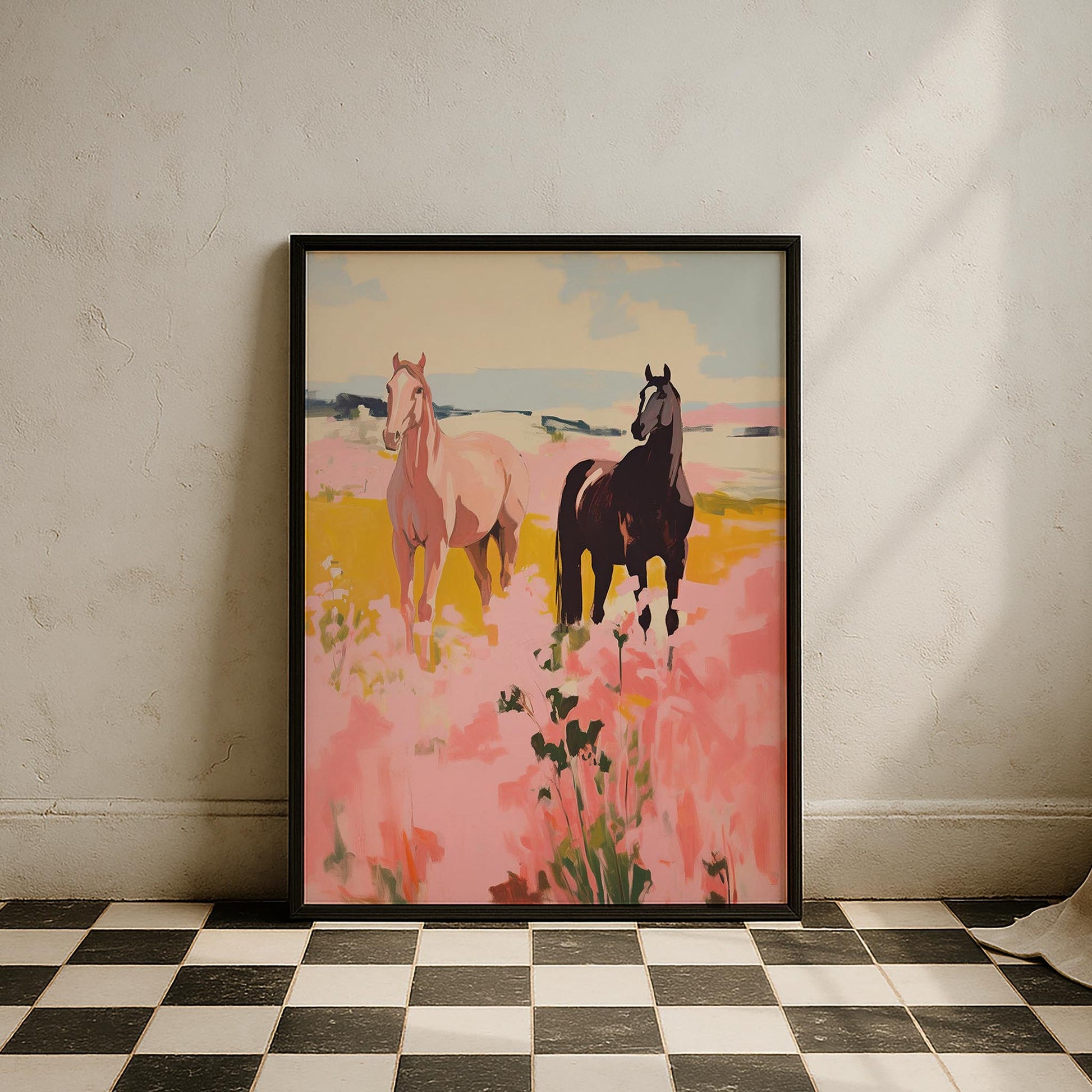 Pembe Çiçekli Kırda Atlar - Maximalist Duvar Tablosu II