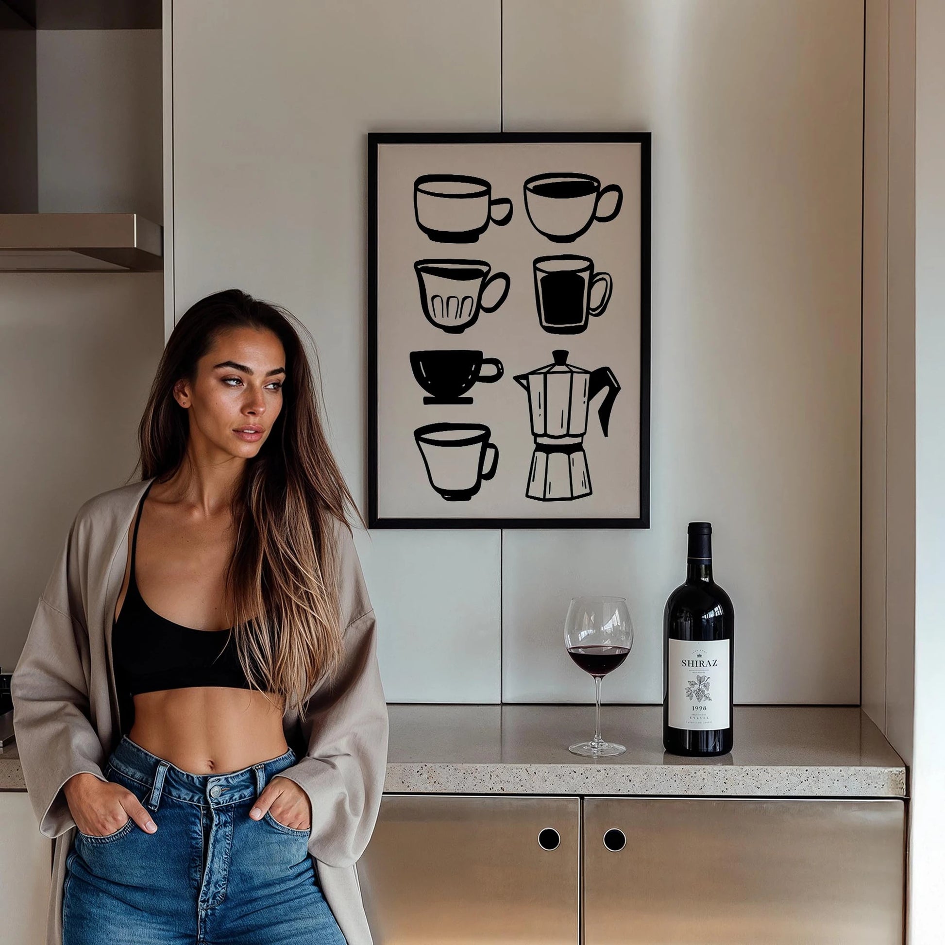 Kahve Kupaları ve Moka Pot Minimal Çizimler Mutfak Duvar Tablosu