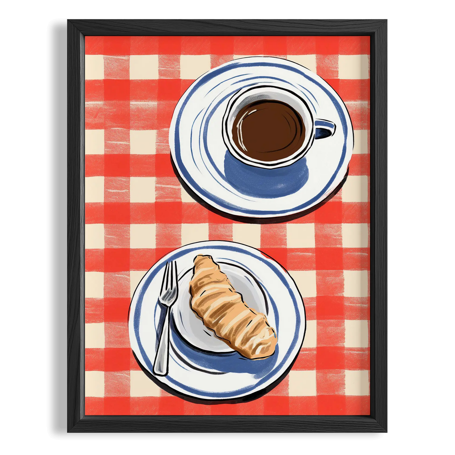 Kırmızı Kareli Masa ve Kahve-Croissant Mutfak Duvar Tablosu