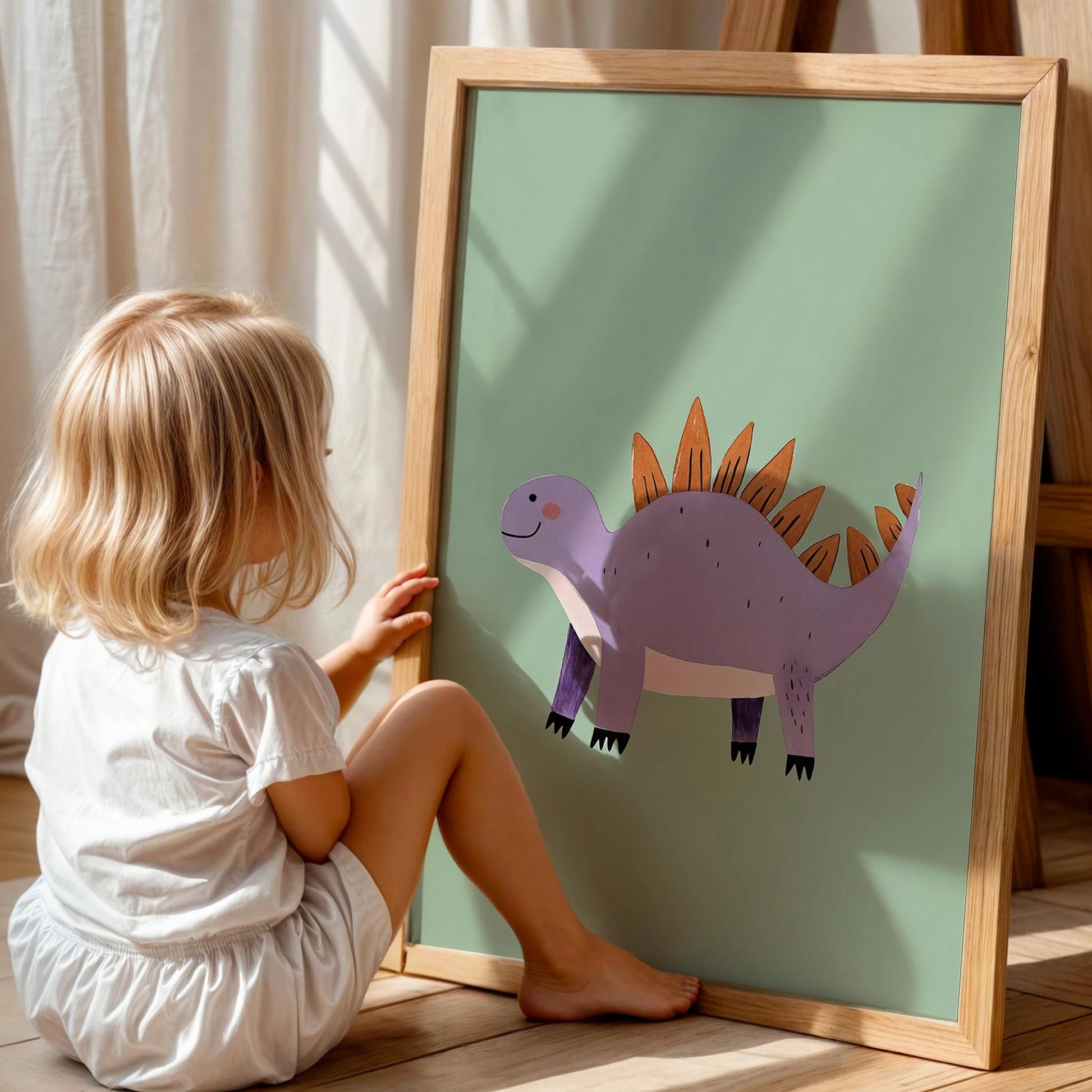 Sevimli Dinozor Temalı Su Yeşili Fonlu Çocuk Odası Ahşap Tablo