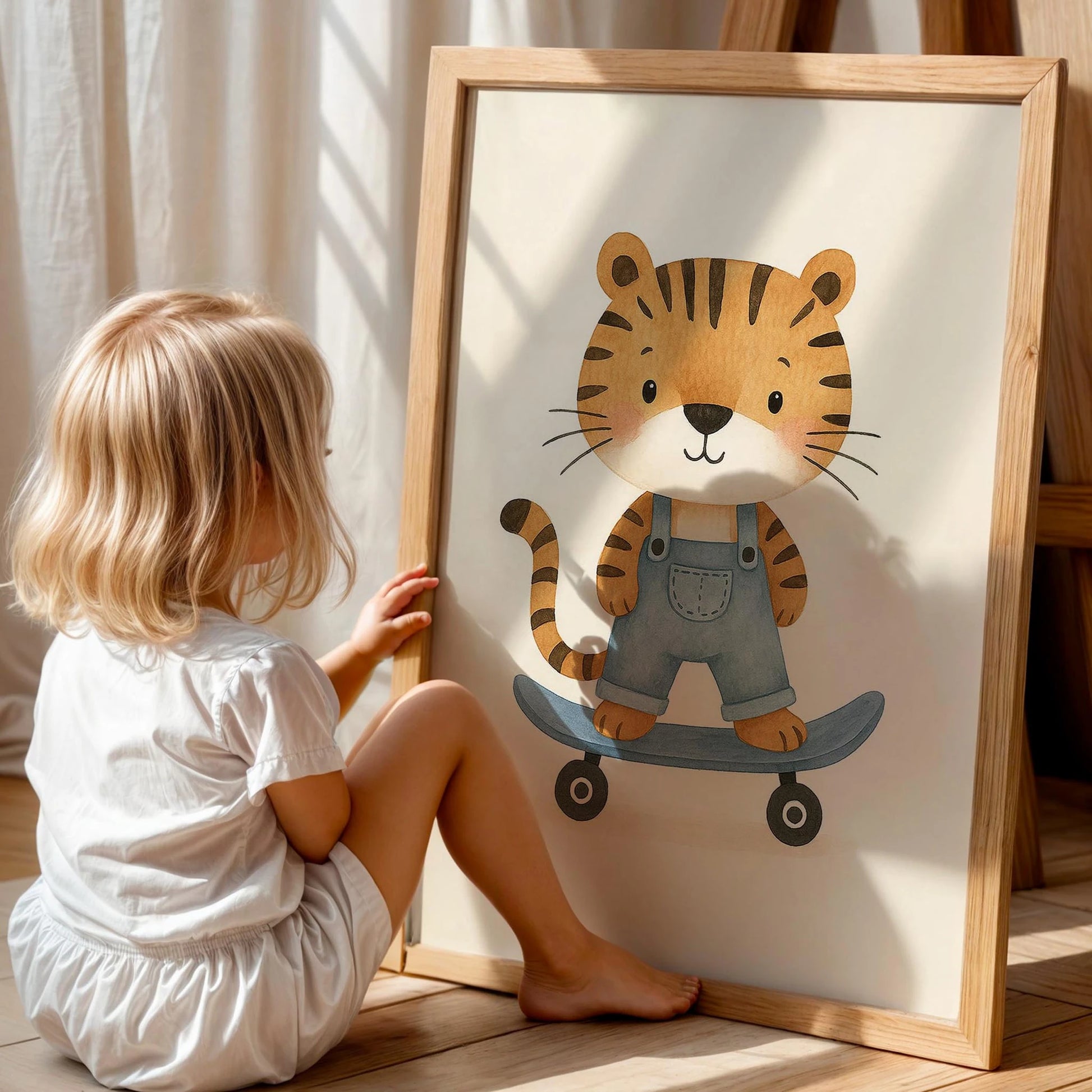 Kaykay Süren Kaplan Minimalist Erkek Çocuk Odası Ahşap Tablo II