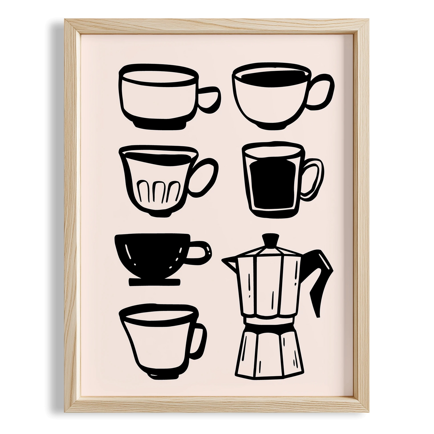 Kahve Kupaları ve Moka Pot Minimal Çizimler Mutfak Duvar Tablosu