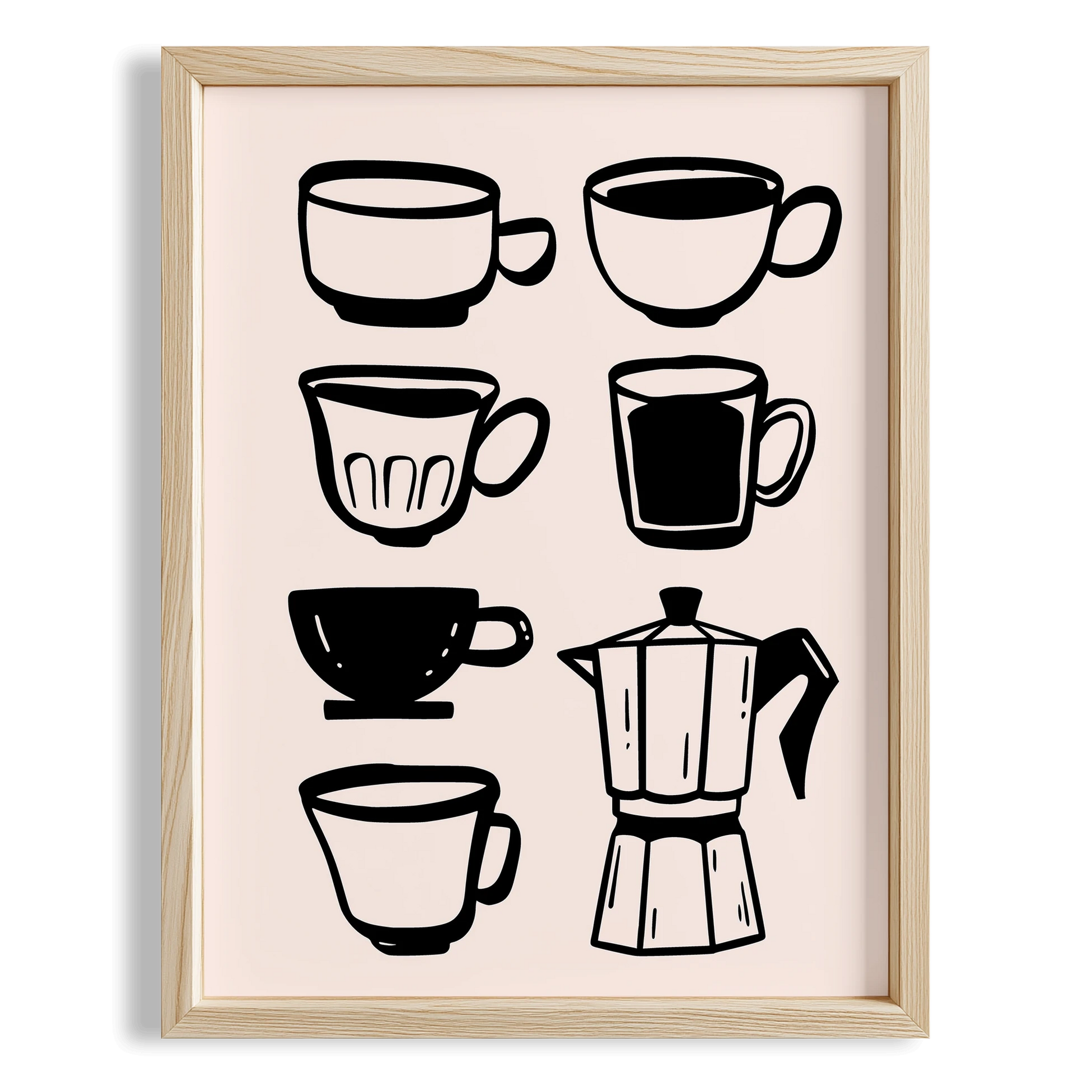 Kahve Kupaları ve Moka Pot Minimal Çizimler Mutfak Duvar Tablosu