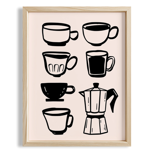 Kahve Kupaları ve Moka Pot Minimal Çizimler Mutfak Duvar Tablosu