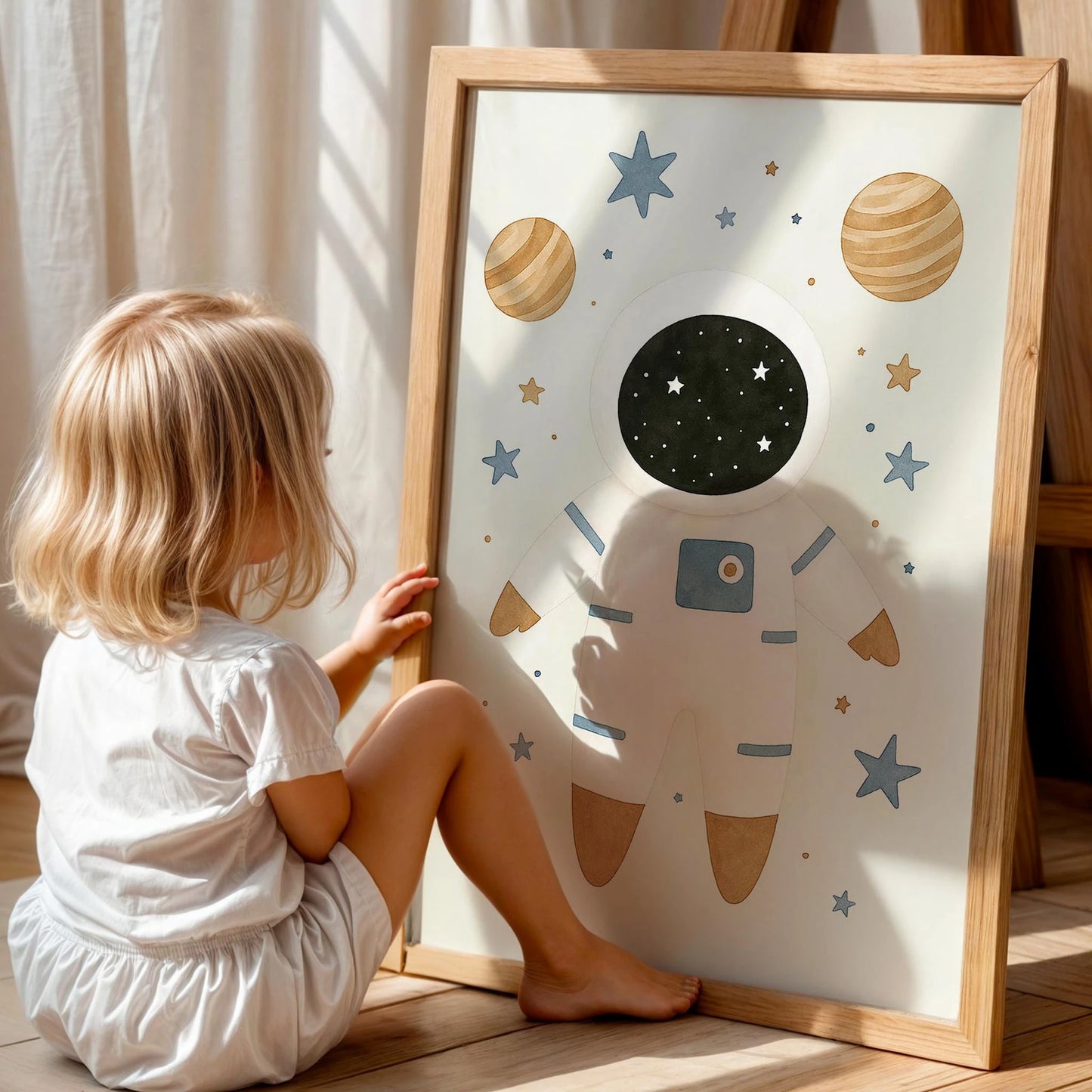 Sevimli Astronot Gezegenler Uzay Temalı Çocuk Odası Ahşap Tablo