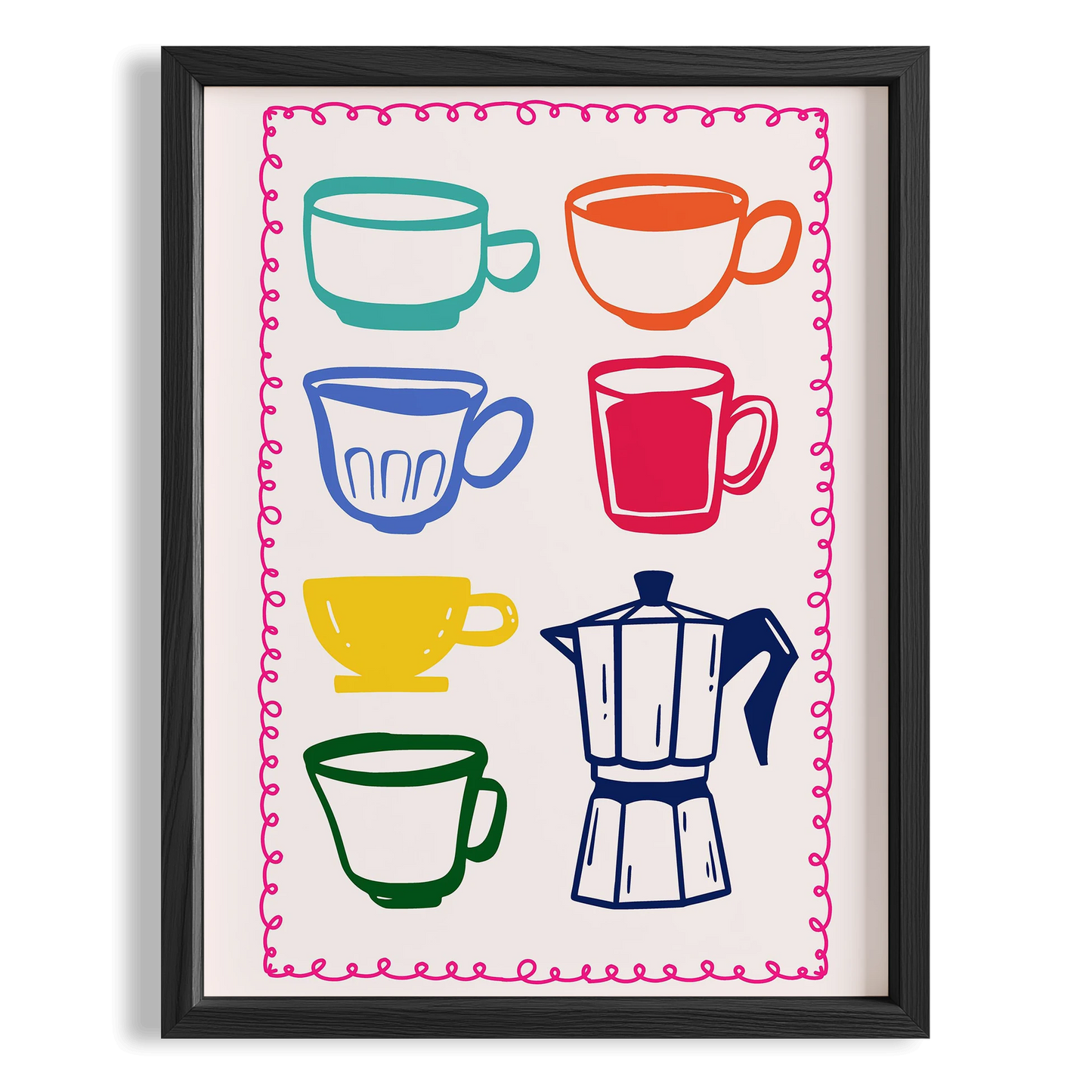 Kahve Kupaları ve Moka Pot Renkli Minimal Çizimler Mutfak Duvar Tablosu