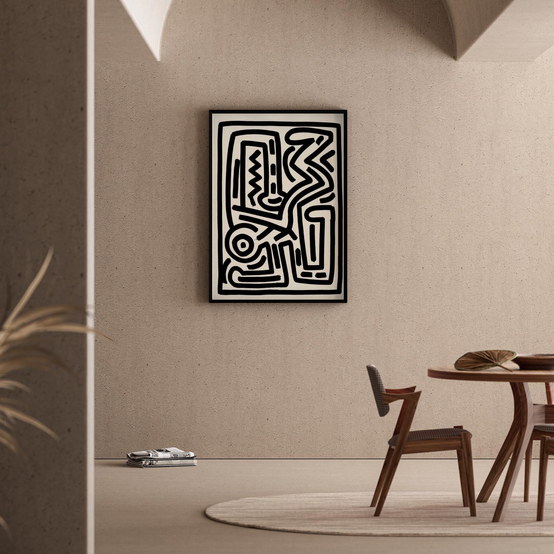 Siyah Beyaz Labirent - Keith Haring Ahşap Duvar Tablosu