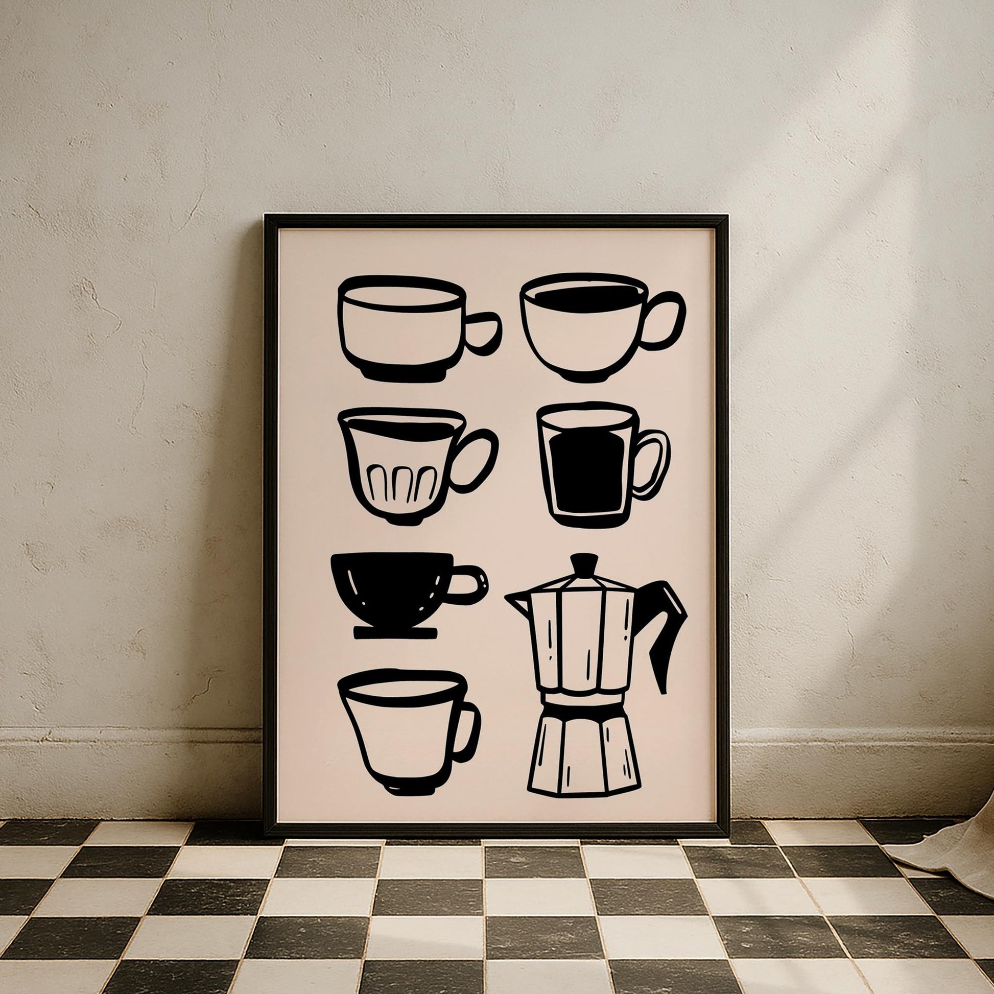 Kahve Kupaları ve Moka Pot Minimal Çizimler Mutfak Duvar Tablosu
