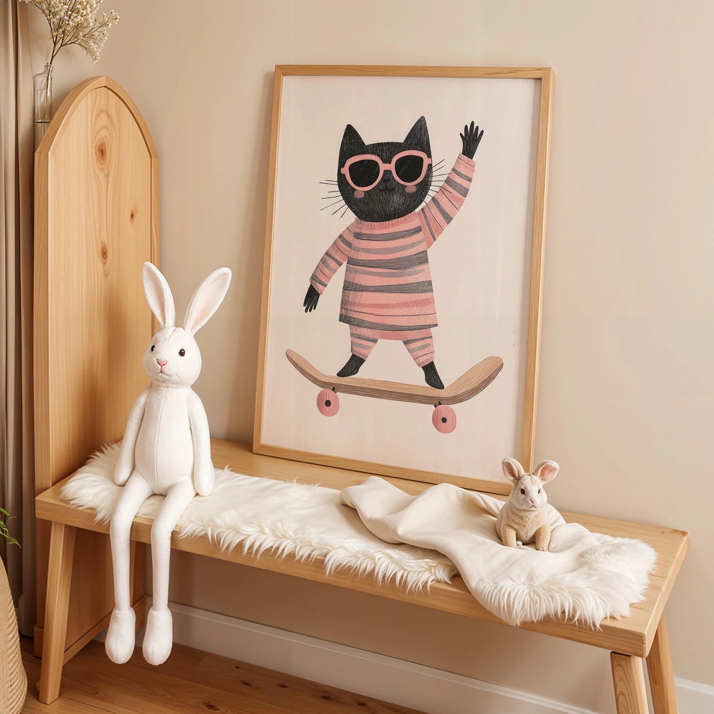 Pijamalı Kaykaycı Kara Kedi - Beyaz Fon