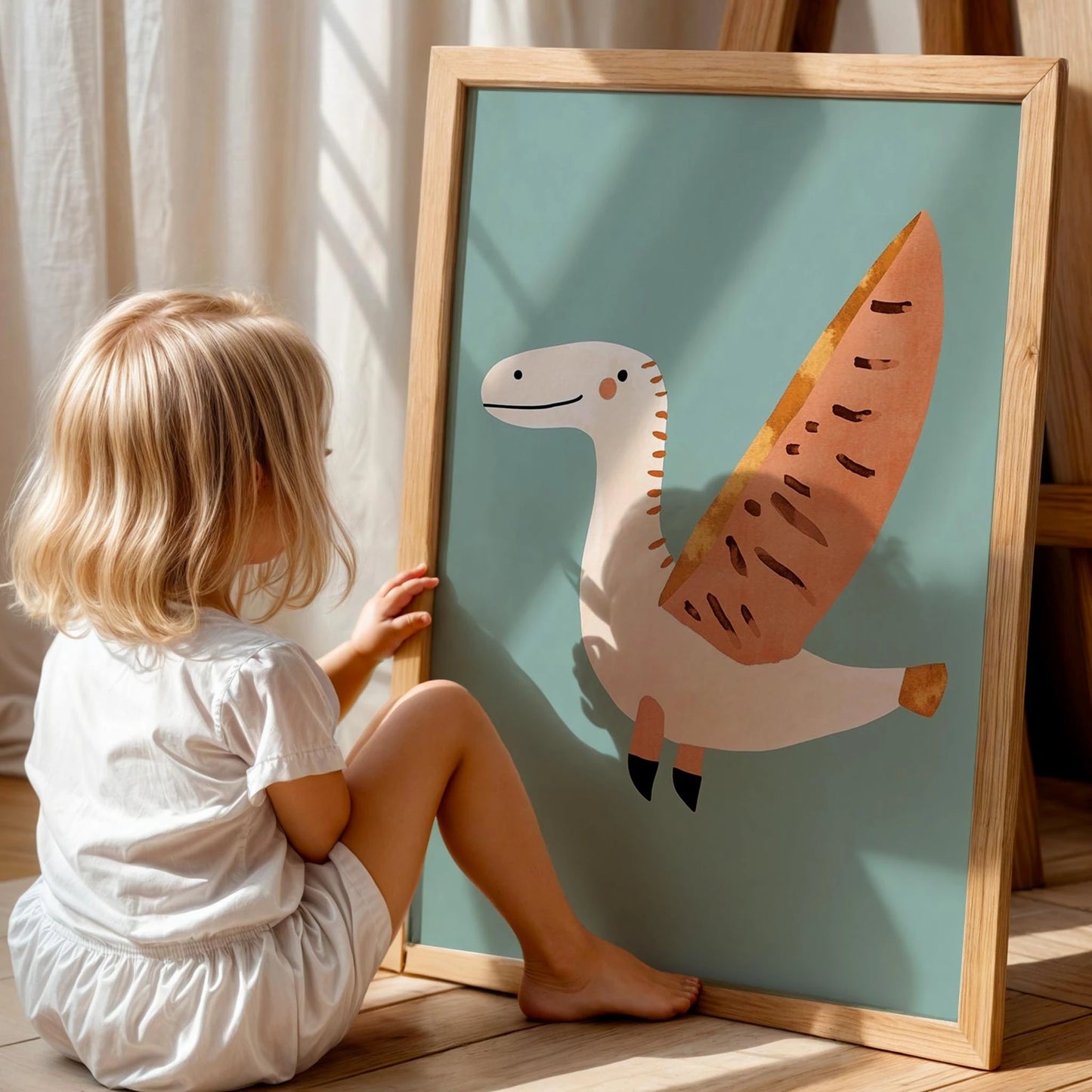 Uçan Dinozor Temalı Mavi Fonlu Çocuk Odası Ahşap Tablo