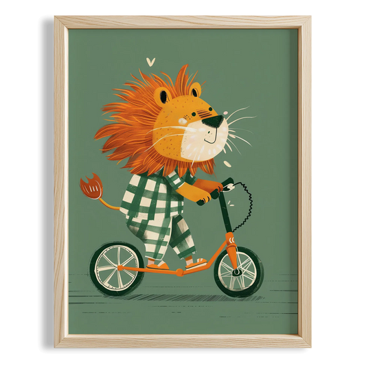 Bisiklet Süren Aslan Yeşil Fonlu Erkek Çocuk Odası Ahşap Tablo