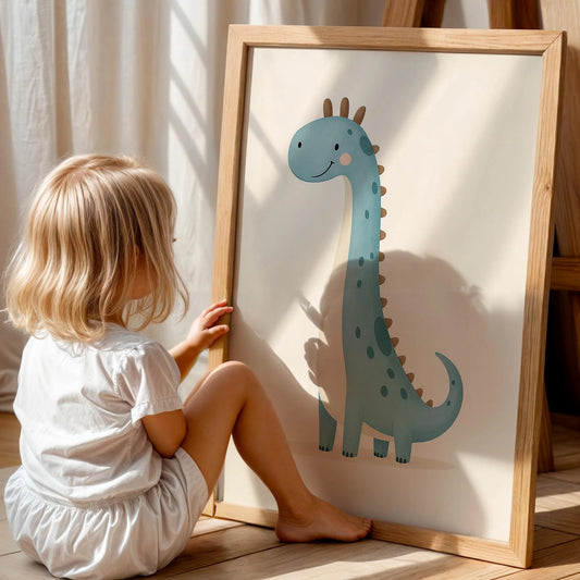 Sevimli Mavi Dinozor Minimalist Erkek Çocuk Odası Ahşap Tablo